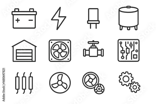 Industrial Energy Icon Set. Outline icon set of industrial energy storage: battery, energy bolt, capacitor,