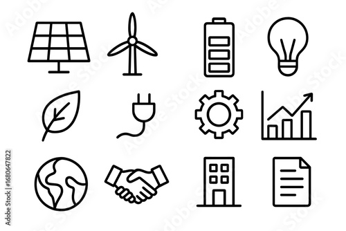 Renewable Energy Icons. Outline icon set of product launch: rocket, megaphone, calendar, checklist, social
