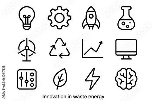 Waste Energy Innovation Icons. Outline icon set of innovation in waste energy: light bulb, gear, rocket, lab