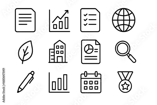 Sustainability Icon Set. Outline icon set of sustainability reporting: document, graph, checklist, globe, leaf