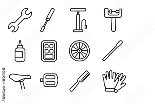 Bike Repair Icons. Outline icon set of bike repair and maintenance: wrench, screwdriver, tire pump, chain tool