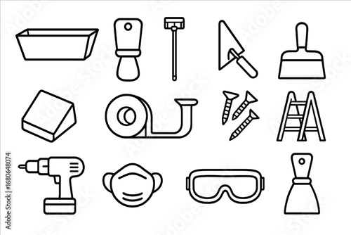 Drywall Tools Icons. Outline icon set of drywall finishing tools: mud pan, drywall knife, sanding pole, corner