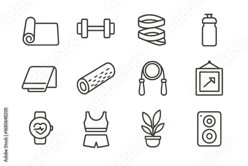 Home Gym Essentials. Outline icon set of home gym for wellness: yoga mat, dumbbells, resistance bands, water