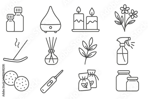 Aromatherapy Icon Grid. Outline icon set of aromatherapy setup: essential oil bottles, diffuser, candles,
