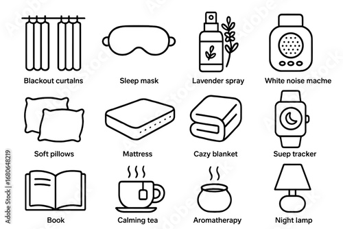 Sleep Sanctuary Icons. Outline icon set of sleep sanctuary essentials: blackout curtains, eye mask, lavender