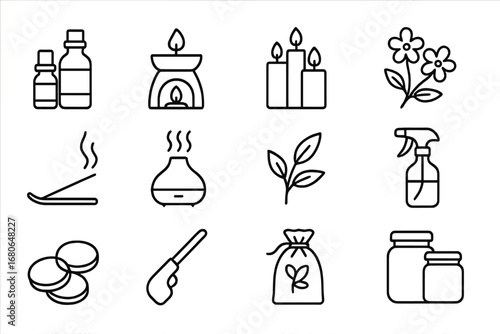 Aromatherapy Icon Grid. Outline icon set of aromatherapy setup: essential oil bottles, diffuser, candles,