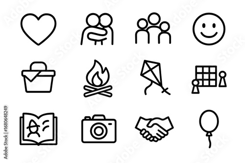 Family Bonding Icons. Outline icon set of family bonding moments: heart, hug, family icon, smiley face, picnic