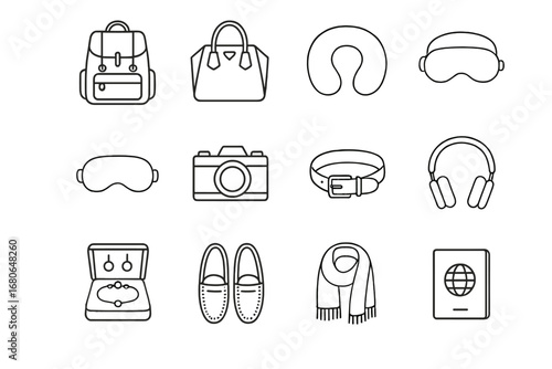 Luxury Travel Essentials. Outline icon set of luxury travel accessories: leather backpack, designer handbag,