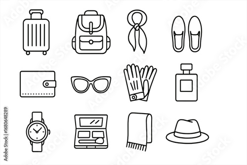 Fashionable Travel Icons. Outline icon set of fashionable travel gear essentials: designer suitcase, leather
