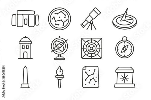 Ancient Observatory Icons. Outline icon set of ancient observatories: stone circle, starmap, telescope,