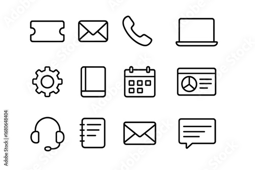 Customer Support Icons. Outline icon set of customer support tools: ticket system, email icon, phone receiver,