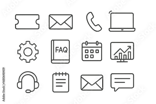 Customer Support Icons. Outline icon set of customer support tools: ticket system, email icon, phone receiver,