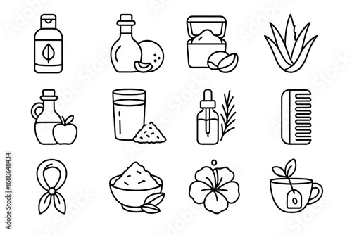 Natural Haircare Icons. Outline icon set of natural haircare: herbal shampoo, coconut oil, shea butter, aloe