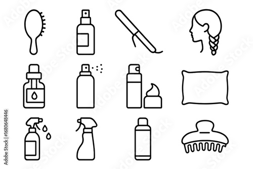 Daily Hair Routine Icons. Outline icon set of daily hair routine: morning brush, leave-in conditioner, heat