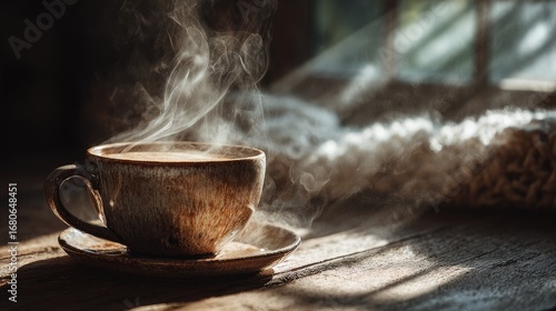 Wallpaper Mural Steaming coffee cup on wooden table, warm blanket in background Torontodigital.ca