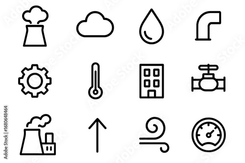 Cooling Towers Icons. Outline icon set of cooling towers: tower, steam cloud, water droplet, pipe, gear,