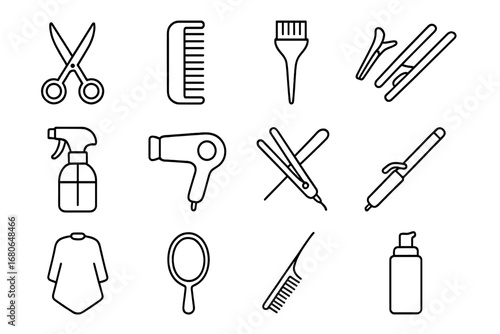 Hairstylist Essentials Icons. Outline icon set of hairstylist essentials: scissors, comb, brush, clips, spray