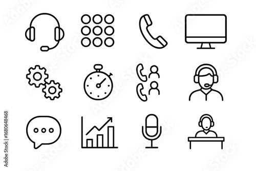 Call Center Icon Set. Outline icon set of call center automation: headset, dial pad, phone receiver, computer