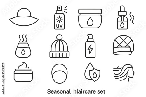 Seasonal Haircare Icons. Outline icon set of seasonal haircare: sun hat, UV spray, hydrating mask, anti-frizz