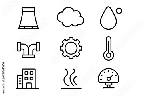Cooling Towers Icons. Outline icon set of cooling towers: tower, steam cloud, water droplet, pipe, gear,