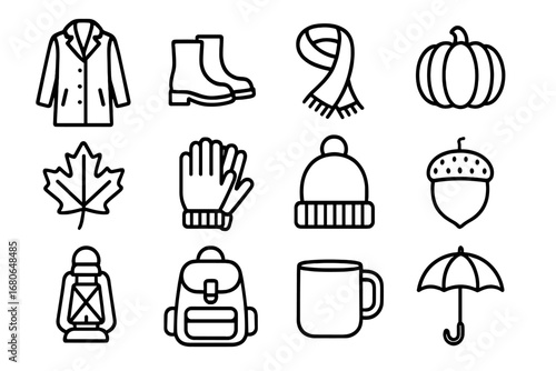 Autumn Essentials Icons. Outline icon set of autumn collection: coat, boots, scarf, pumpkin, leaf, gloves, hat