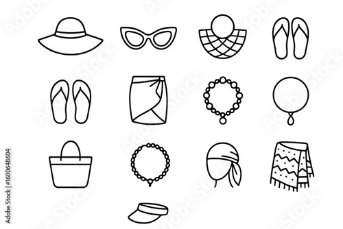 Summer Fashion Icons. Outline icon set of summer fashion accessories: wide brim hat, cat-eye sunglasses, straw