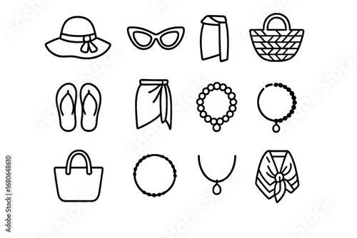 Summer Fashion Icons. Outline icon set of summer fashion accessories: wide brim hat, cat-eye sunglasses, straw