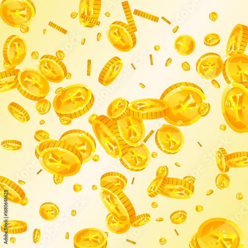 Japanese yen coins falling. Scattered gold JPY