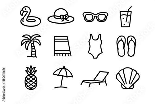 Summer Icon Collection. Outline icon set of summer holiday mood: inflatable flamingo, wide hat, sunglasses,