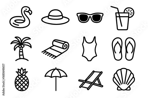 Summer Icon Collection. Outline icon set of summer holiday mood: inflatable flamingo, wide hat, sunglasses,