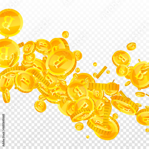 Thai baht coins falling. Gold scattered THB