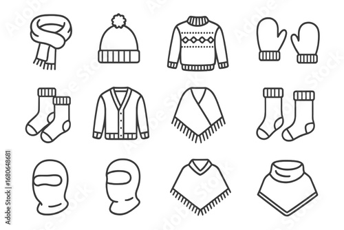 Winter Knitwear Icons. Outline icon set of winter knitwear: thick scarf, pom-pom hat, patterned sweater,