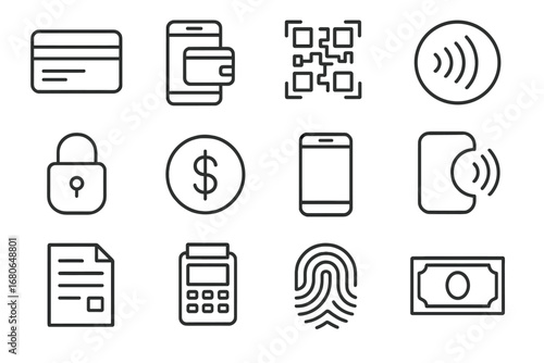 Payment Systems Icons. Outline icon set of online payment systems: credit card, mobile wallet, QR code,