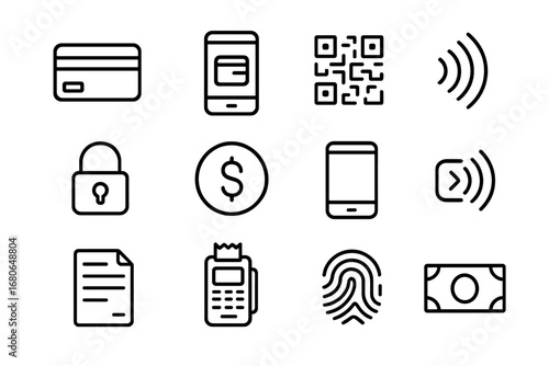 Payment Systems Icons. Outline icon set of online payment systems: credit card, mobile wallet, QR code,