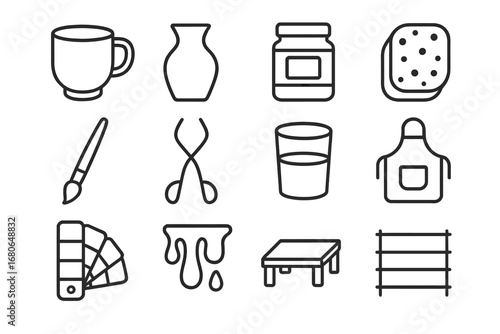 Pottery Glazing Icons. Outline icon set of pottery glazing: bisque ware cup, bisque ware vase, glaze jar,