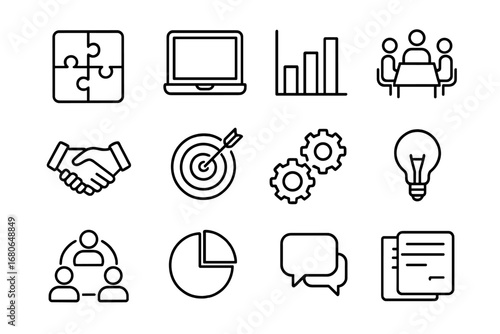 Cross-Functional Icon Set. Outline icon set of cross-functional teams: puzzle pieces, laptop, bar chart,