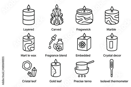 Advanced Candle Icon Set. Outline icon set of advanced candle-making: layered candle, carved candle,