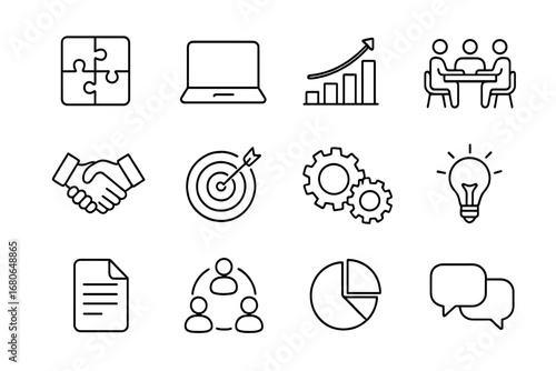 Cross-Functional Icon Set. Outline icon set of cross-functional teams: puzzle pieces, laptop, bar chart,