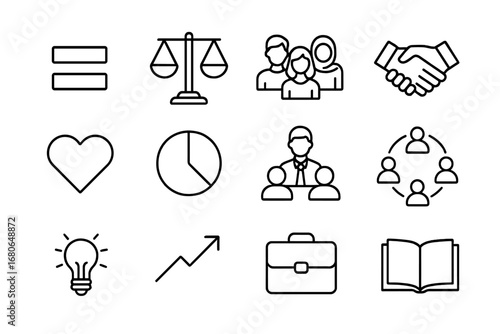 Gender Equality Icons. Outline icon set of gender equality: equal sign, balance scale, diverse avatars,