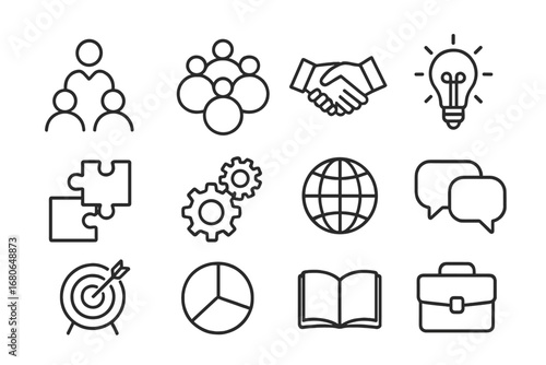 Leadership Icons Grid. Outline icon set of leadership in diverse teams: leader icon, group circle, handshake,