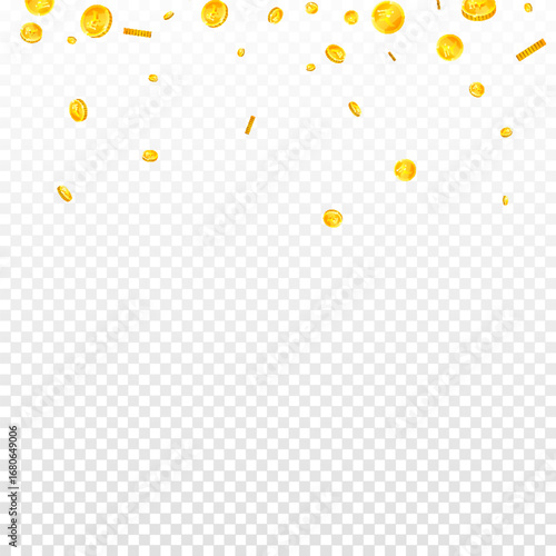 Indian rupee coins falling. Scattered gold INR