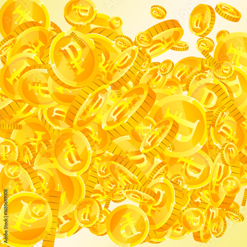 Russian ruble coins falling. Scattered gold RUB