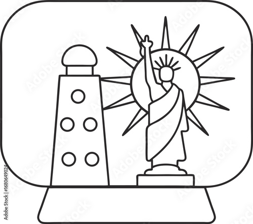 Snow globe with the statue of liberty and a lighthouse a whimsical representation of iconic landmarks in a wintery setting