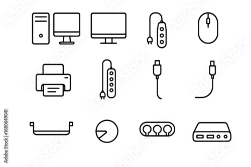 Office Cord Icon Set. Outline icon set of office cord organization: computer, monitor, keyboard, mouse,
