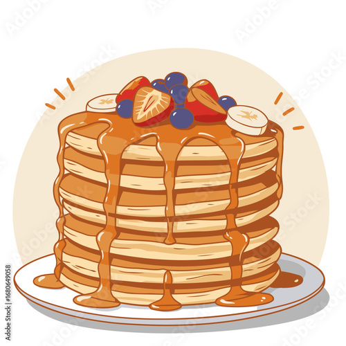 A stack of golden brown pancakes topped with fresh berries and sliced bananas, drizzled with maple syrup. A delicious breakfast treat displayed on a white plate against a light beige background.