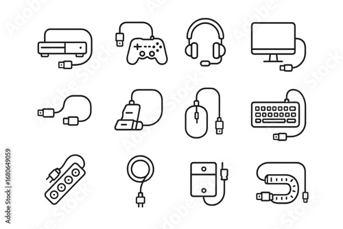 Gaming Setup Icons. Outline icon set of gaming setup cables: console, controller, headset, monitor, HDMI cable