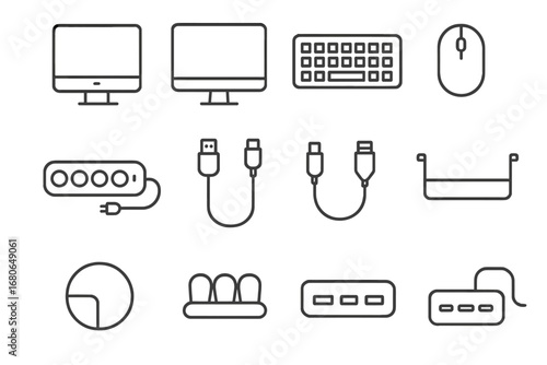 Office Cord Icon Set. Outline icon set of office cord organization: computer, monitor, keyboard, mouse,