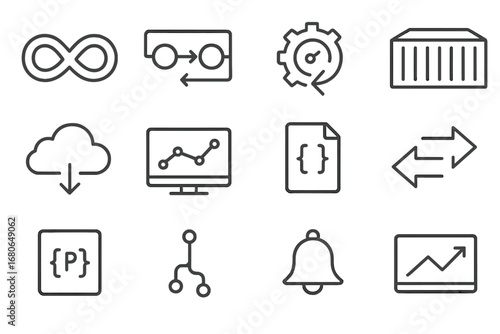 DevOps Icons Overview. Outline icon set of DevOps practices: infinity loop, CI/CD pipeline, automation gear,