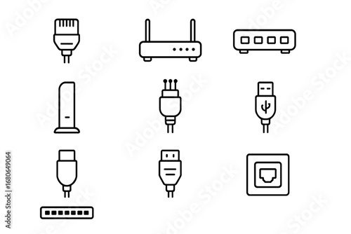 Network Cable Icons. Outline icon set of network and data cables: Ethernet cord, router, switch, modem, fiber