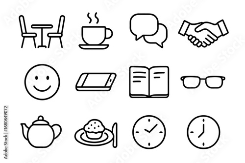 Café Conversations Icons. Outline icon set of café conversations: two chairs, round table, steaming cup,